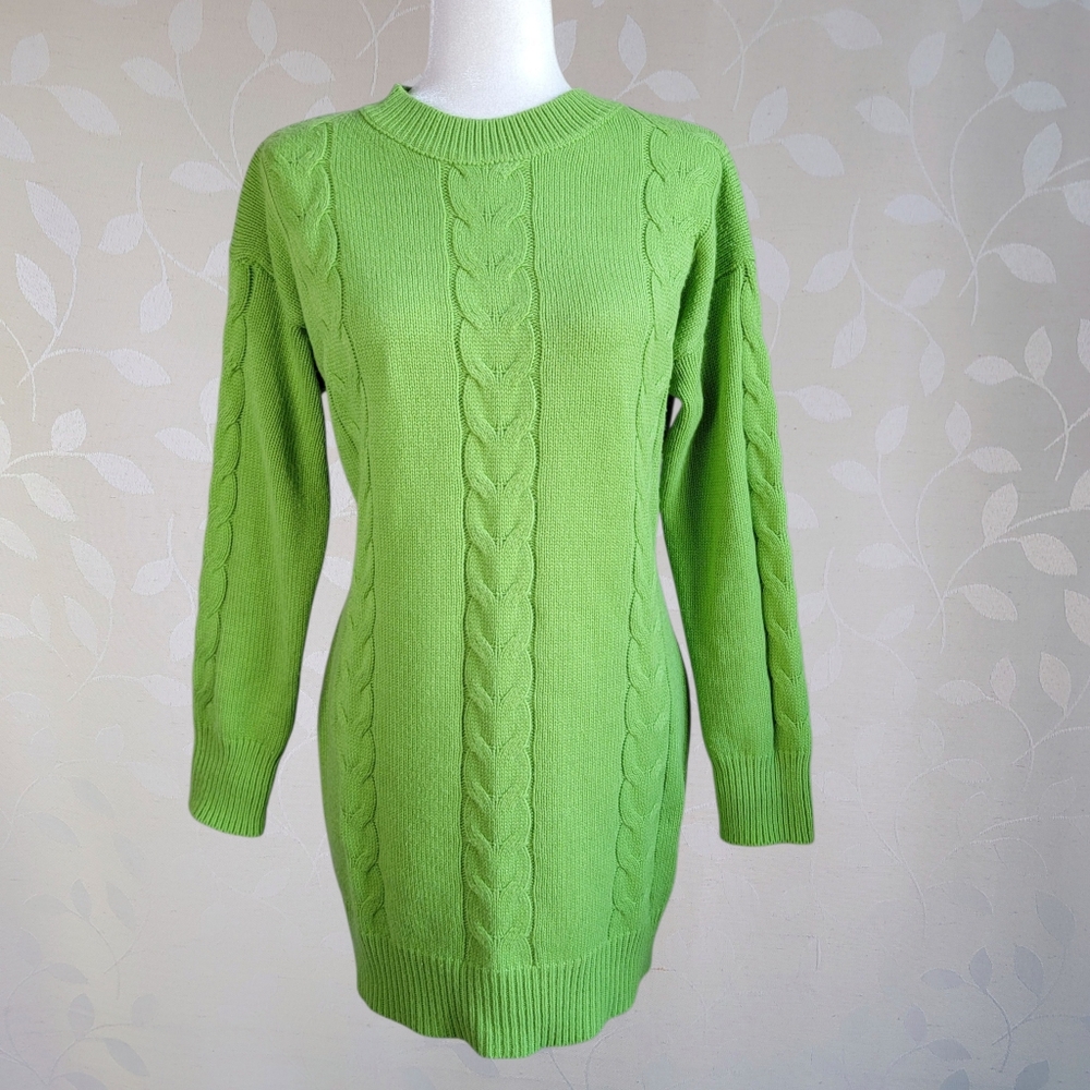 Lime Green Cable Knit Sweater Dress Crew Neck Long Sleeve Size M - Picture 2 of 9